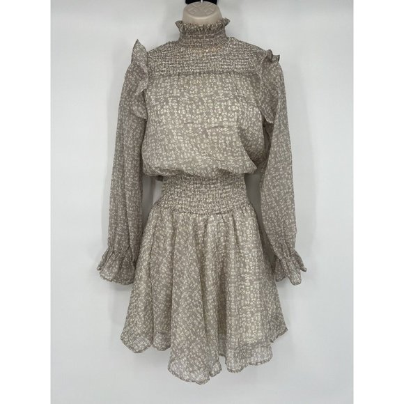 Women’s BTFL Life Smocked Ruffled Long Sleeve Dress Cream & Gold XS - Picture 1 of 10